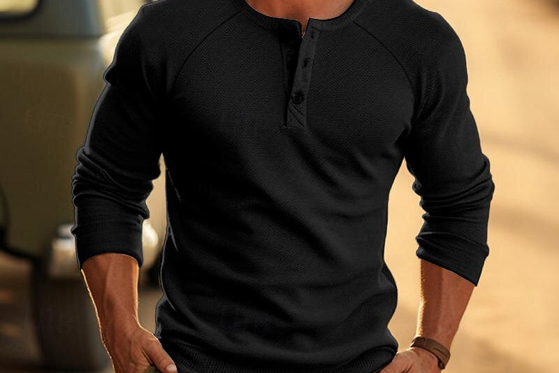 Jarvis - Men's Long Sleeve Henley Knit Sweater - Black