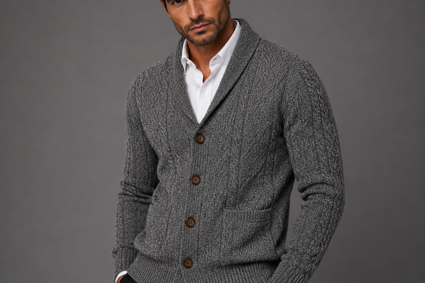 Jasper - Men's Cable Knit Shawl Collar Cardigan with Pockets - Dark Gray
