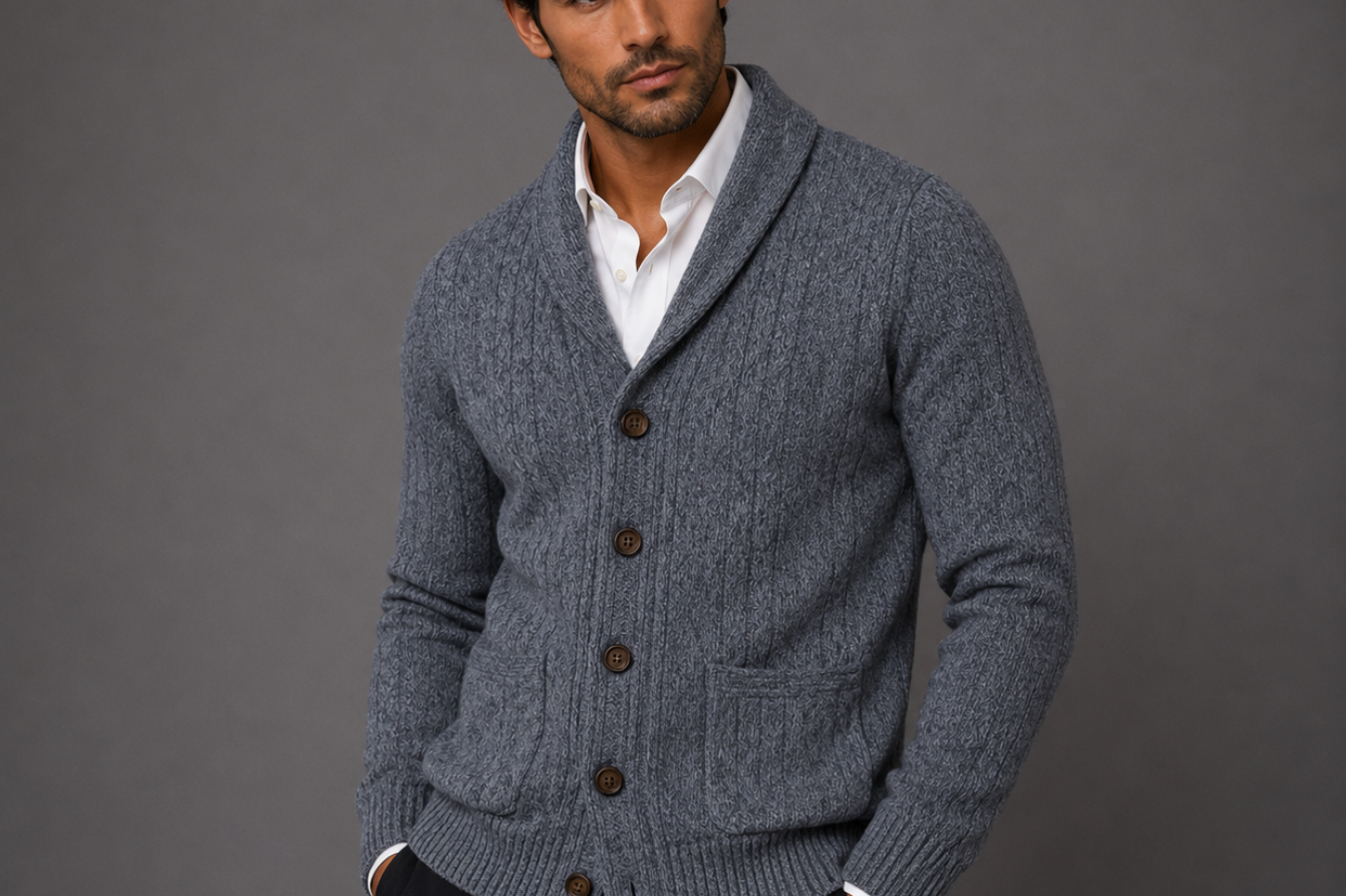 Jasper - Men's Cable Knit Shawl Collar Cardigan with Pockets - Gray
