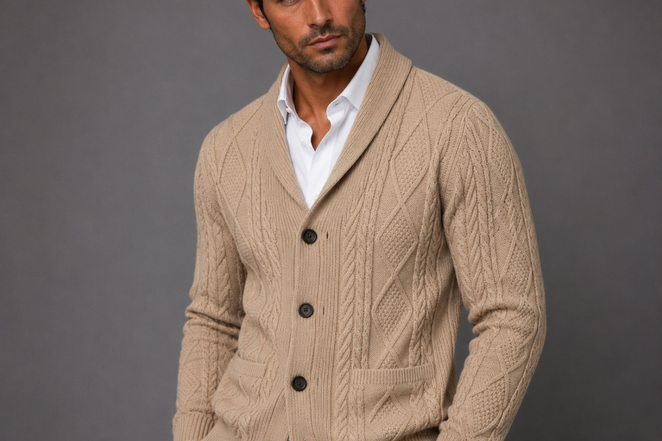Jasper - Men's Cable Knit Shawl Collar Cardigan with Pockets - Beige