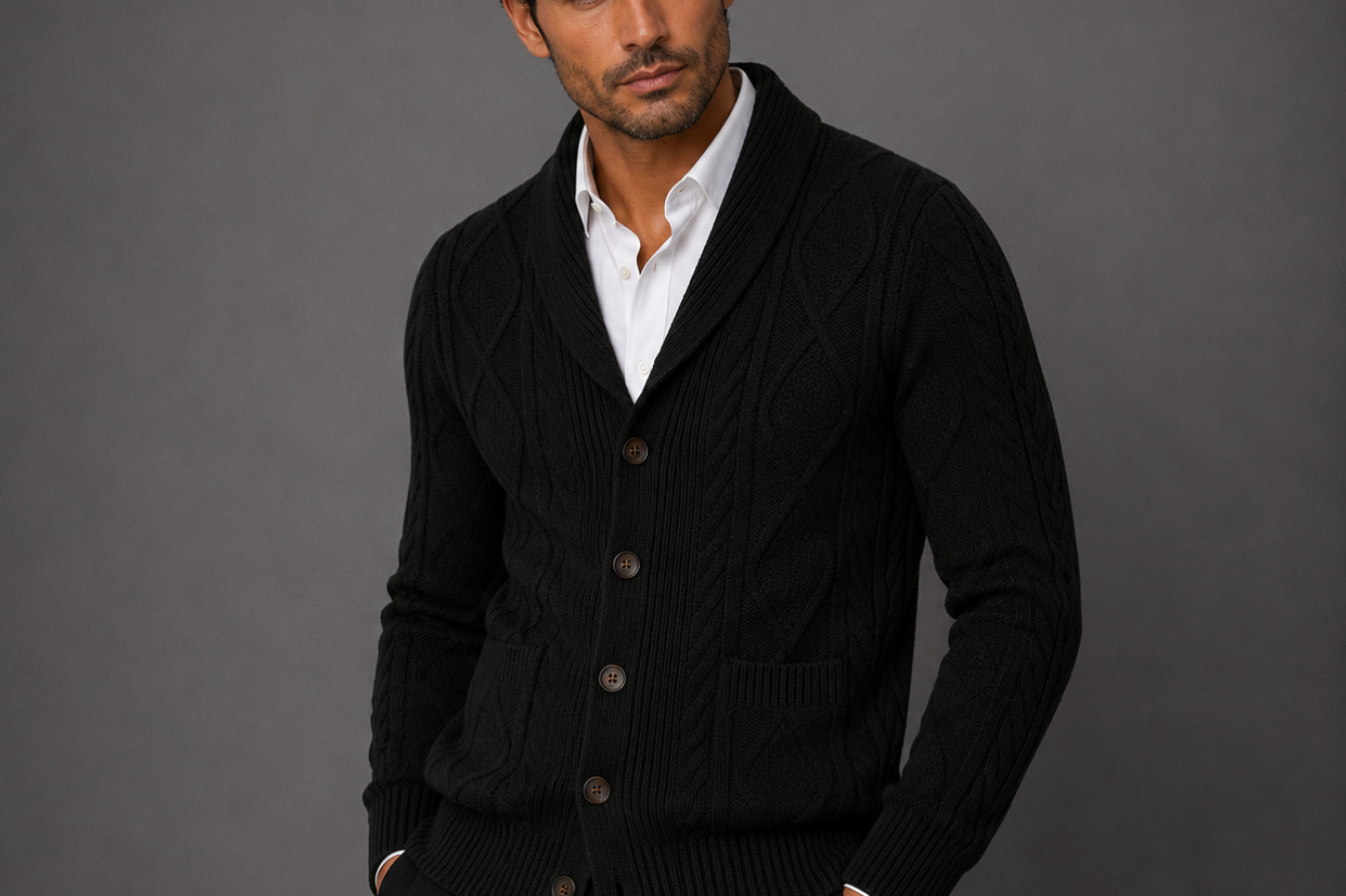 Jasper - Men's Cable Knit Shawl Collar Cardigan with Pockets - Black