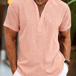 John - Men's Short Sleeve Henley Shirt with Button Placket - Pink