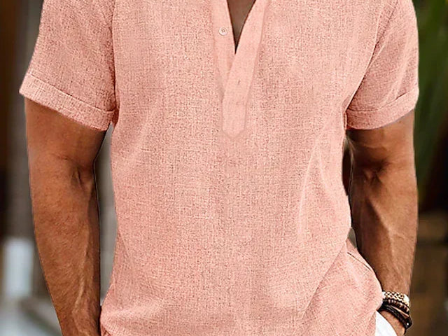 John - Men's Short Sleeve Henley Shirt with Button Placket - Pink