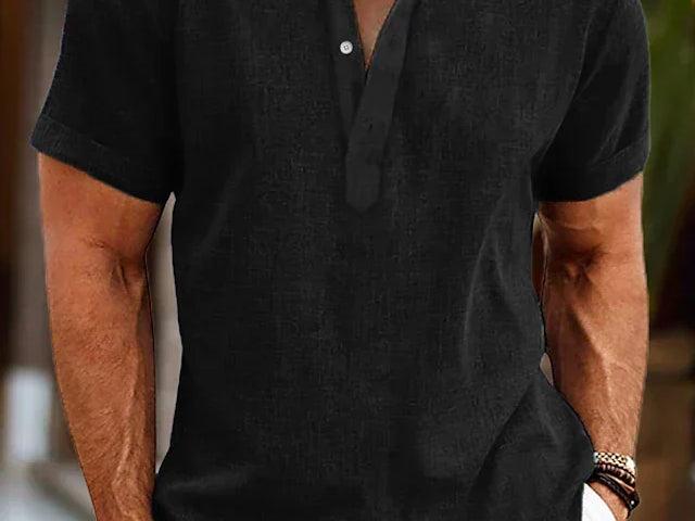 John - Men's Short Sleeve Henley Shirt with Button Placket - Black