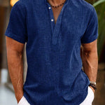 John - Men's Short Sleeve Henley Shirt with Button Placket - Blue