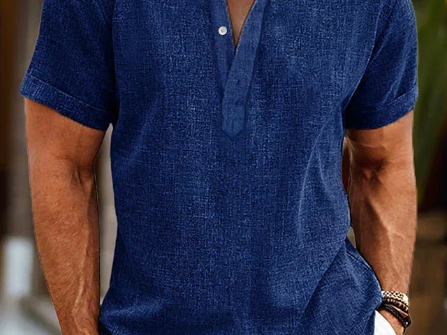 John - Men's Short Sleeve Henley Shirt with Button Placket - Blue