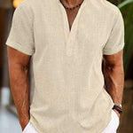 John - Men's Short Sleeve Henley Shirt with Button Placket - Khaki