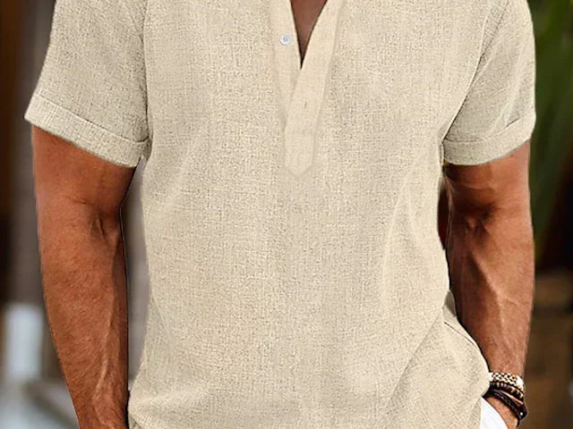 John - Men's Short Sleeve Henley Shirt with Button Placket - Khaki