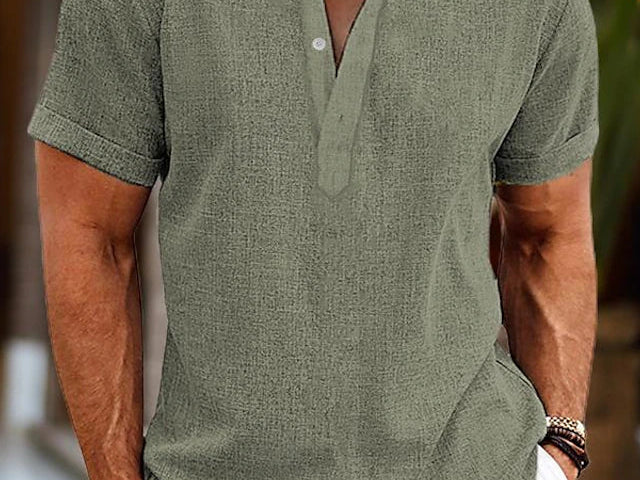 John - Men's Short Sleeve Henley Shirt with Button Placket - Green