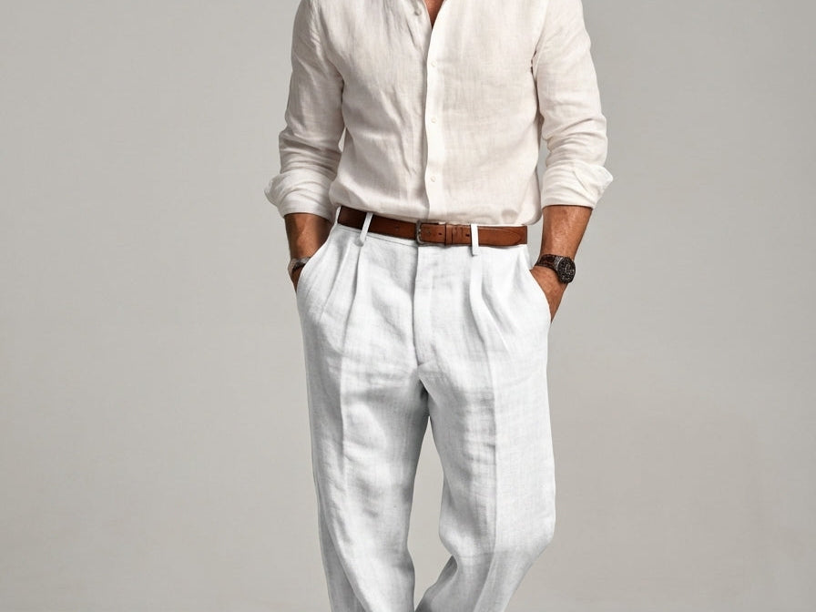 Jonathan - Men's Relaxed Fit Linen Trousers with Tailored Waist - White