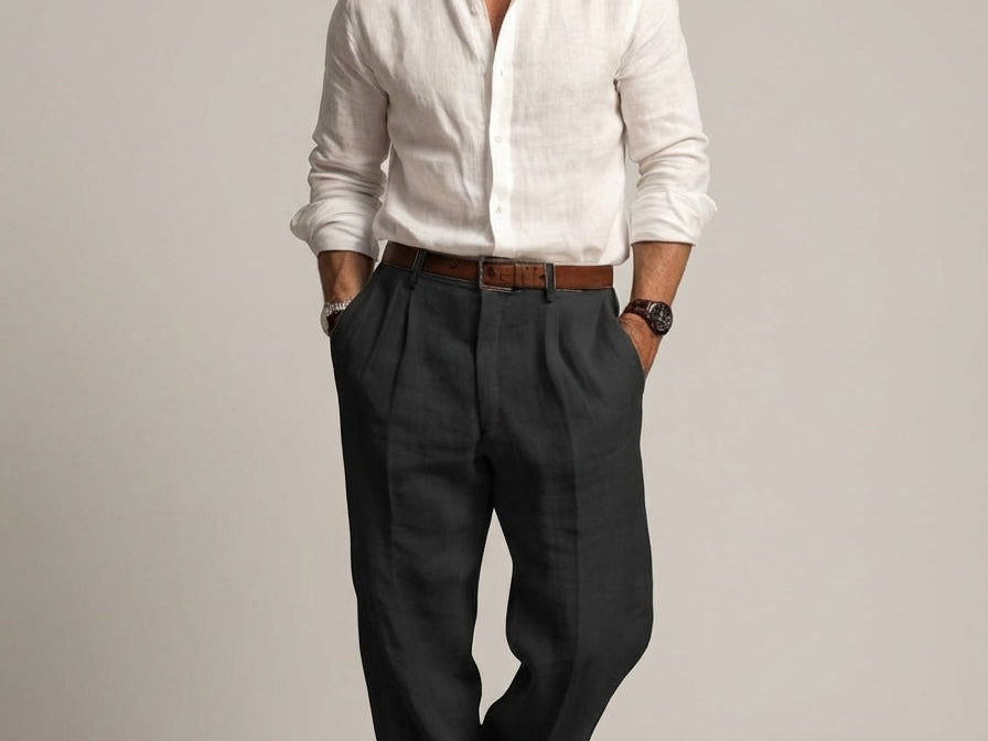 Jonathan - Men's Relaxed Fit Linen Trousers with Tailored Waist - Black