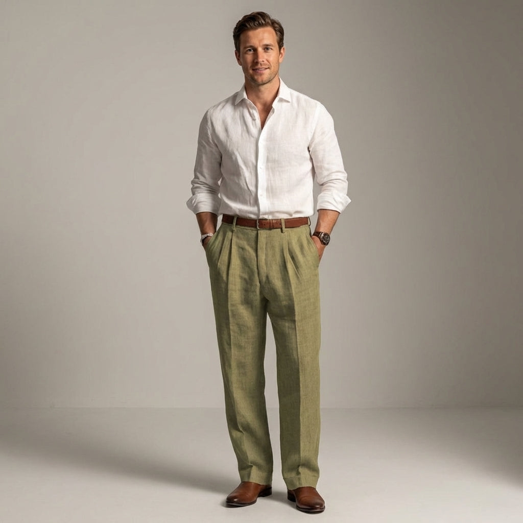 Jonathan - Men's Relaxed Fit Linen Trousers with Tailored Waist - Green
