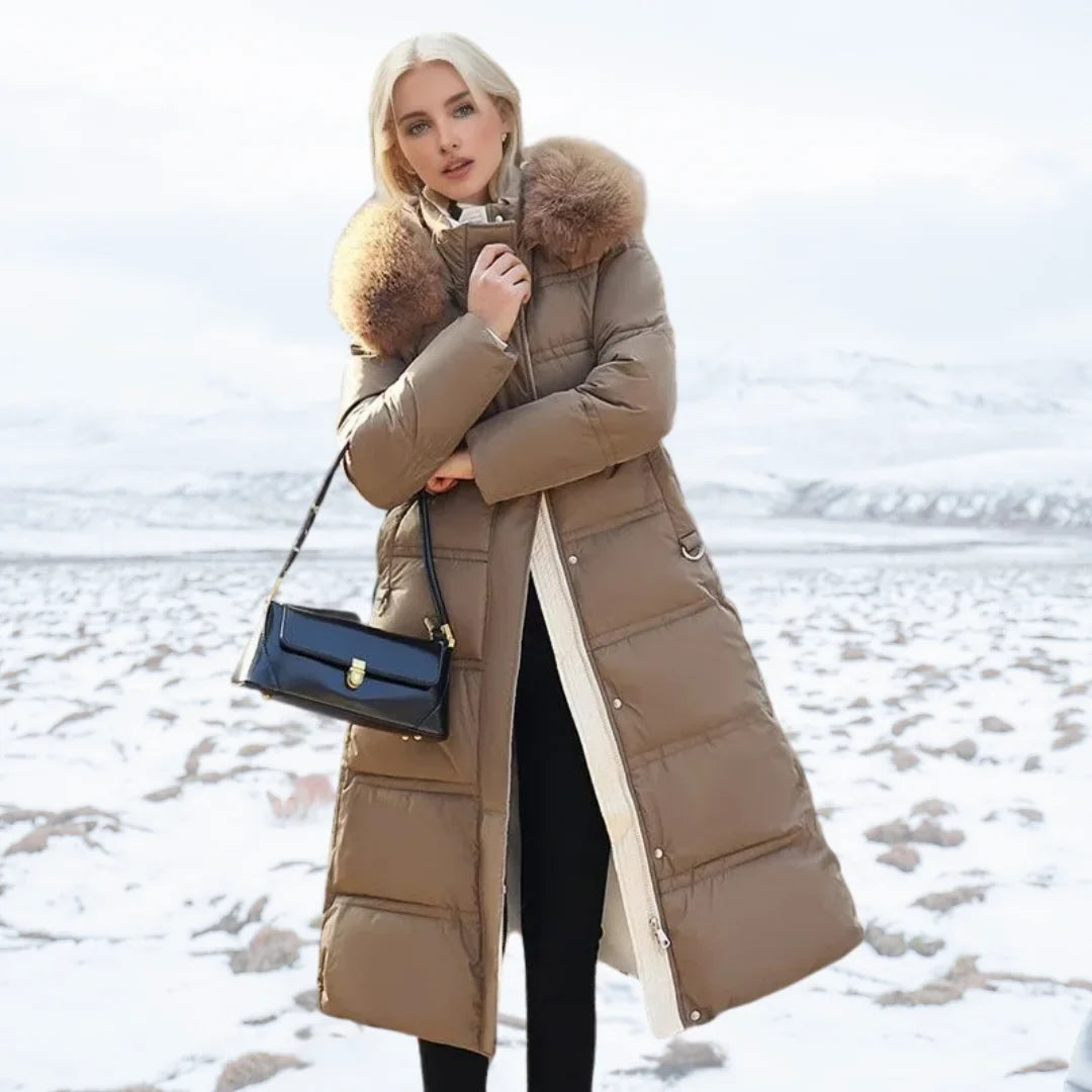 Jonna - Women's Long Puffer Parka with Faux Fur Hood - Brown