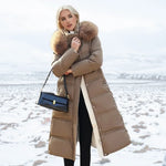 Jonna - Women's Long Puffer Parka with Faux Fur Hood - Brown