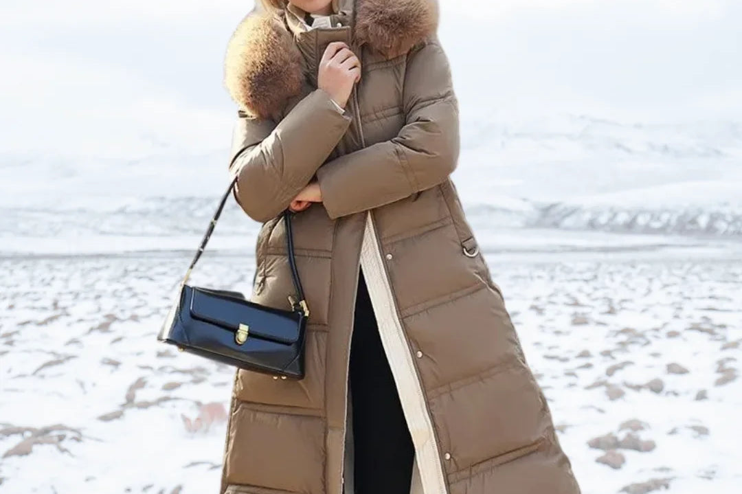 Jonna - Women's Long Puffer Parka with Faux Fur Hood - Brown