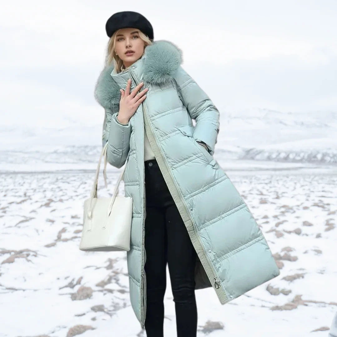 Jonna - Women's Long Puffer Parka with Faux Fur Hood - Blue