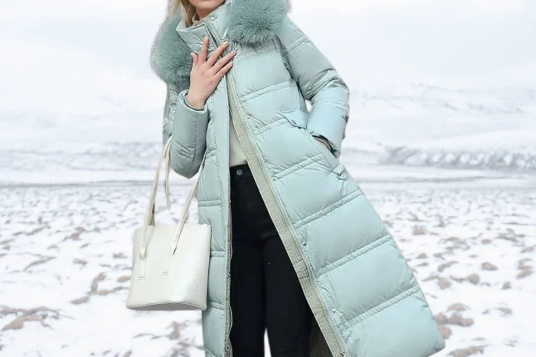 Jonna - Women's Long Puffer Parka with Faux Fur Hood - Blue