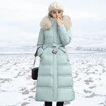 Jonna - Women's Long Puffer Parka with Faux Fur Hood - Blue White