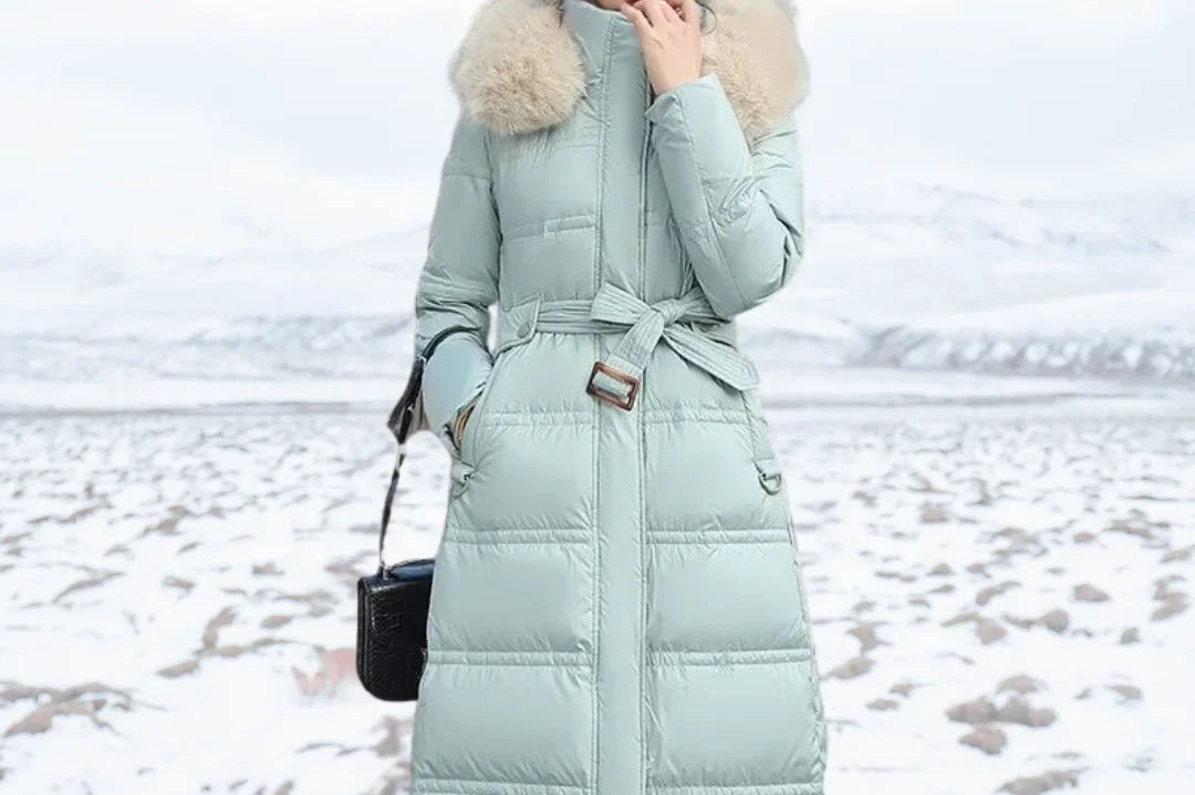 Jonna - Women's Long Puffer Parka with Faux Fur Hood - Blue White