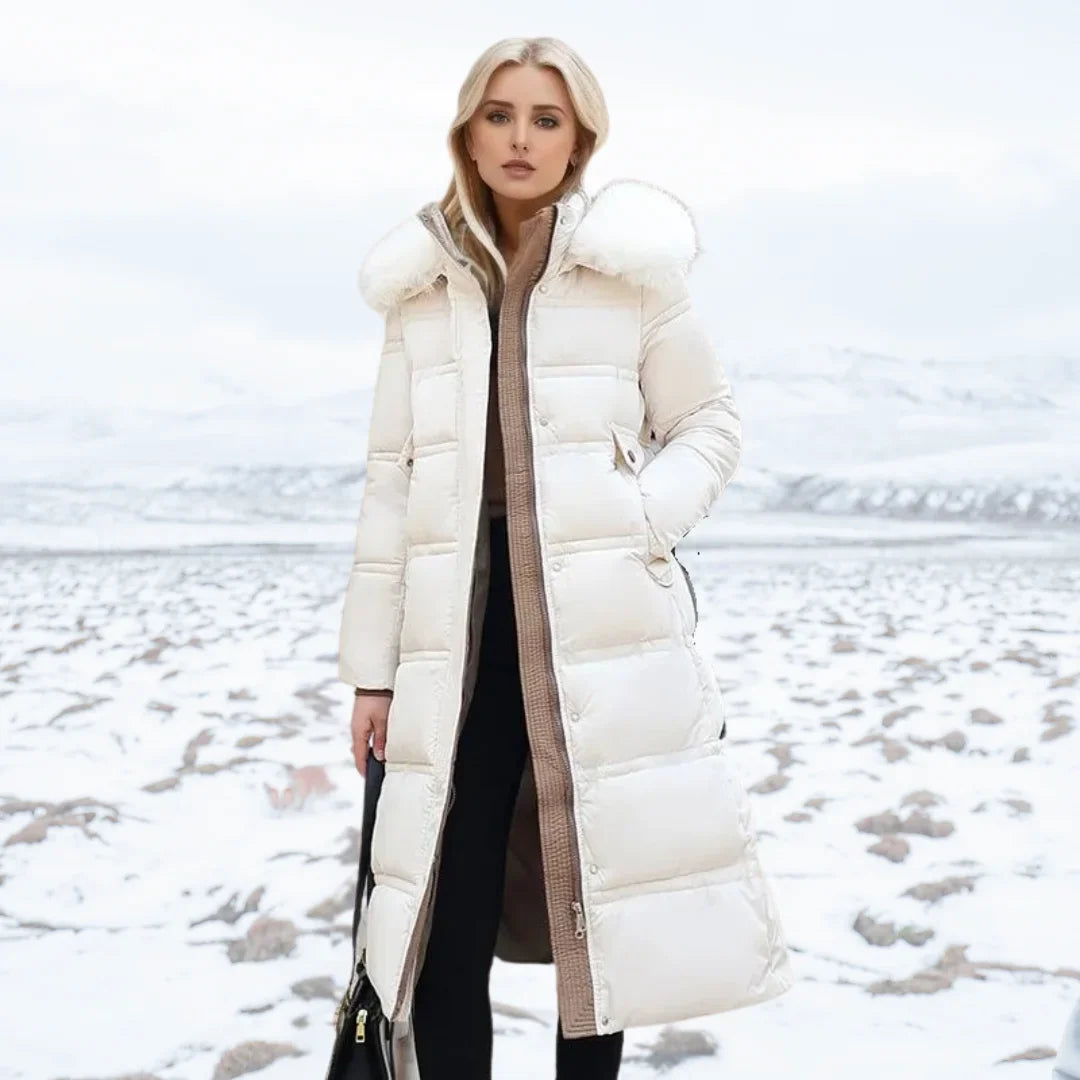 Jonna - Women's Long Puffer Parka with Faux Fur Hood - White