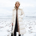 Jonna - Women's Long Puffer Parka with Faux Fur Hood - White