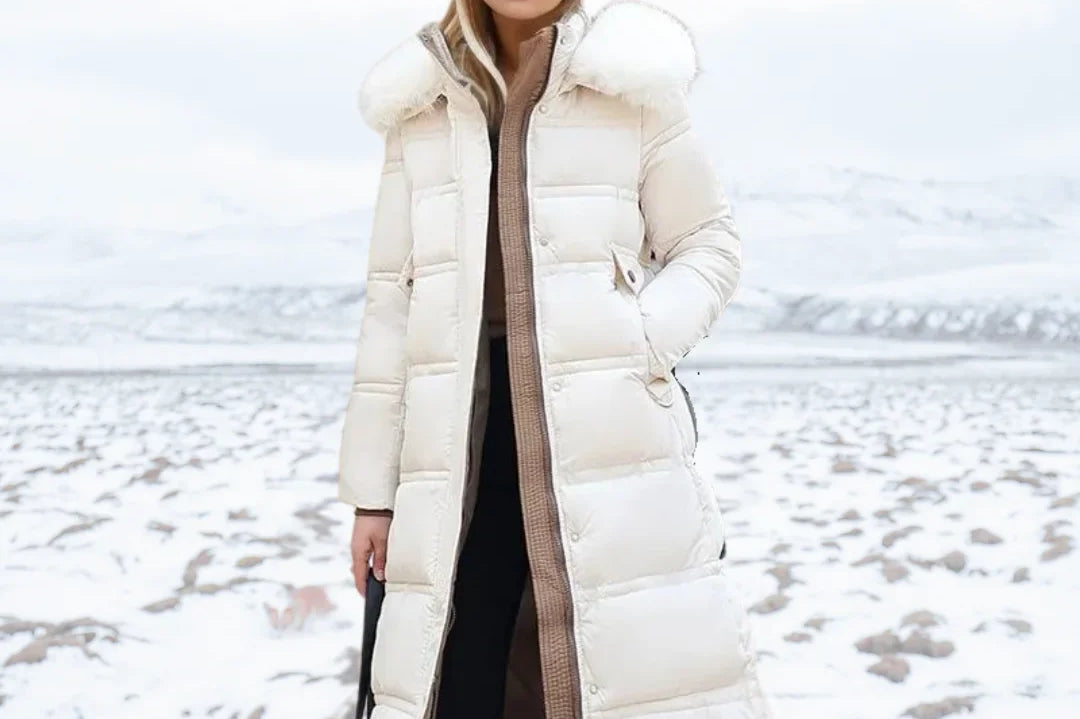 Jonna - Women's Long Puffer Parka with Faux Fur Hood - White