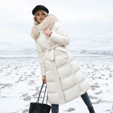 Jonna - Women's Long Puffer Parka with Faux Fur Hood - White Beige