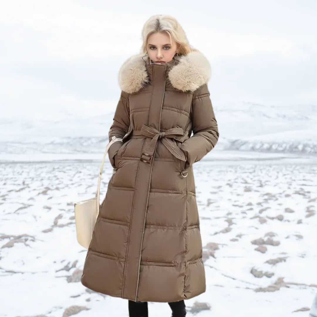 Jonna - Women's Long Puffer Parka with Faux Fur Hood - Brown Beige