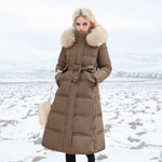 Jonna - Women's Long Puffer Parka with Faux Fur Hood - Brown Beige