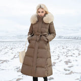 Jonna - Women's Long Puffer Parka with Faux Fur Hood - Brown Beige