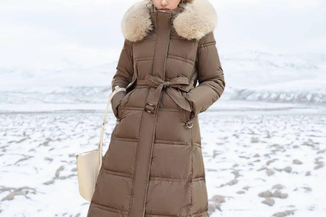 Jonna - Women's Long Puffer Parka with Faux Fur Hood - Brown Beige