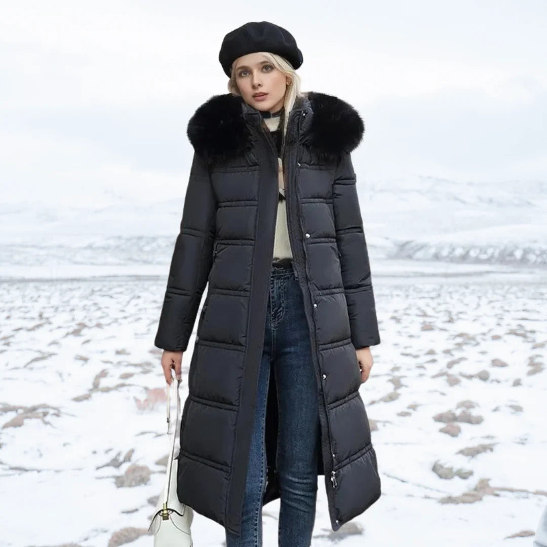 Jonna - Women's Long Puffer Parka with Faux Fur Hood - Black