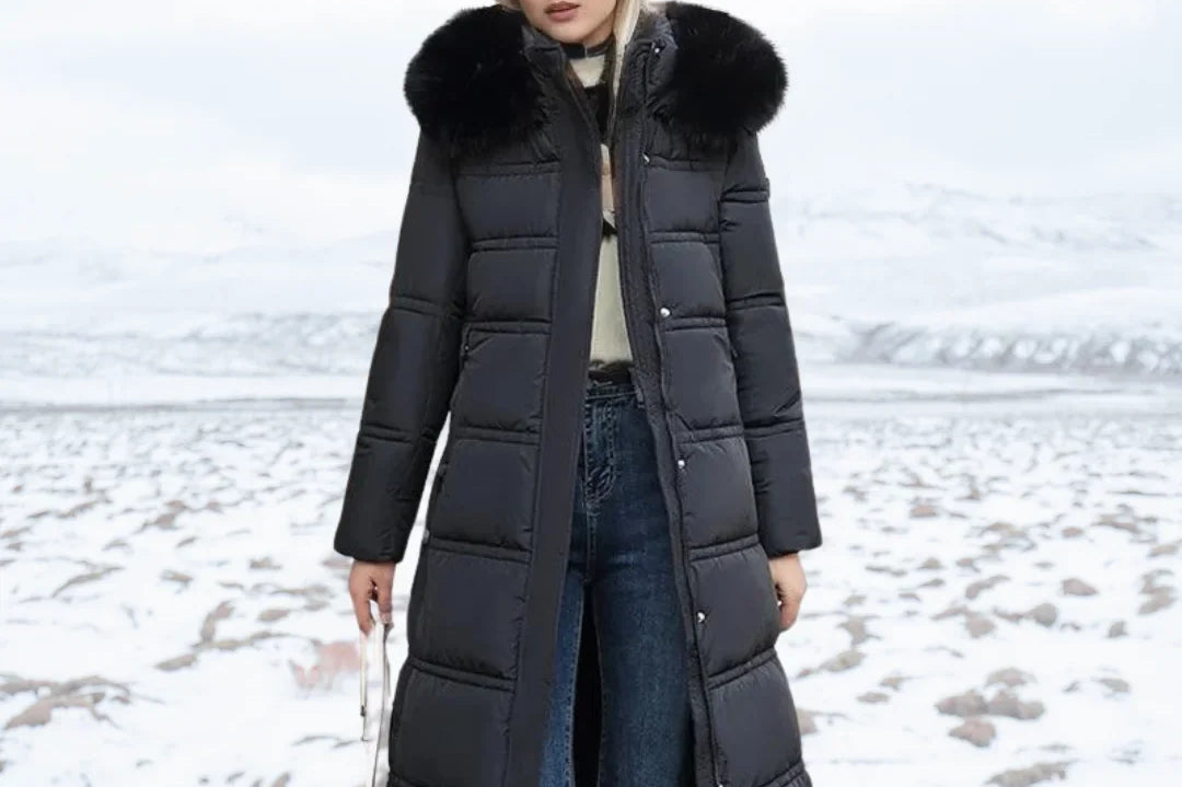 Jonna - Women's Long Puffer Parka with Faux Fur Hood - Black