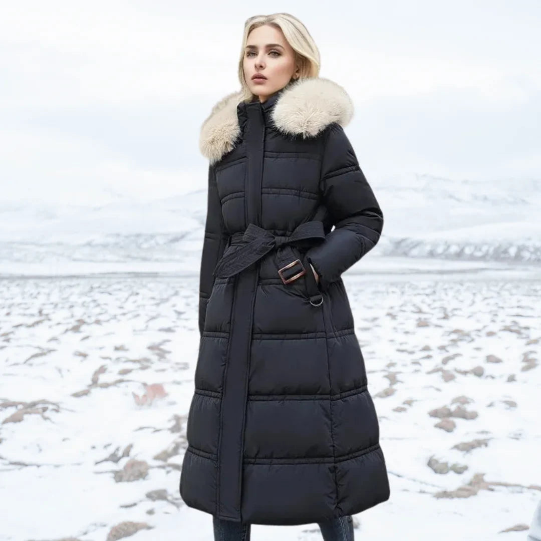 Jonna - Women's Long Puffer Parka with Faux Fur Hood - Black White