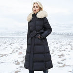 Jonna - Women's Long Puffer Parka with Faux Fur Hood - Black White