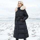 Jonna - Women's Long Puffer Parka with Faux Fur Hood - Black White