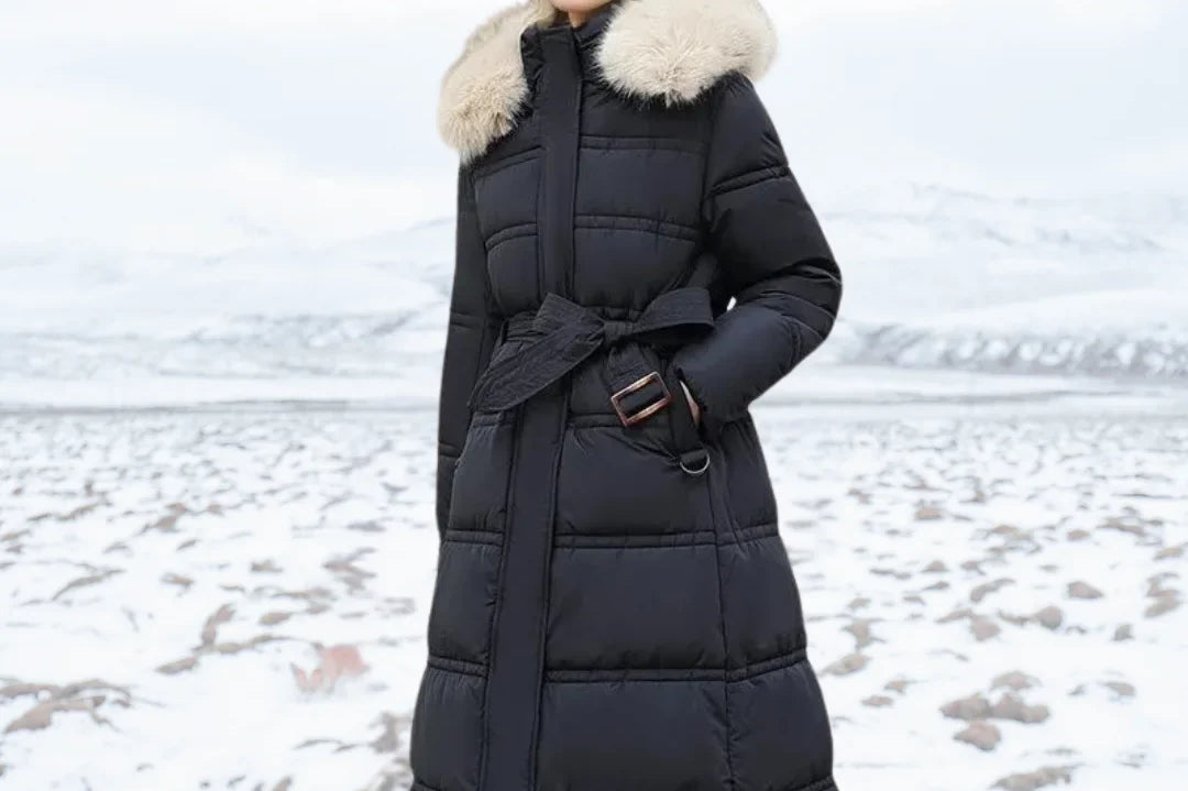 Jonna - Women's Long Puffer Parka with Faux Fur Hood - Black White
