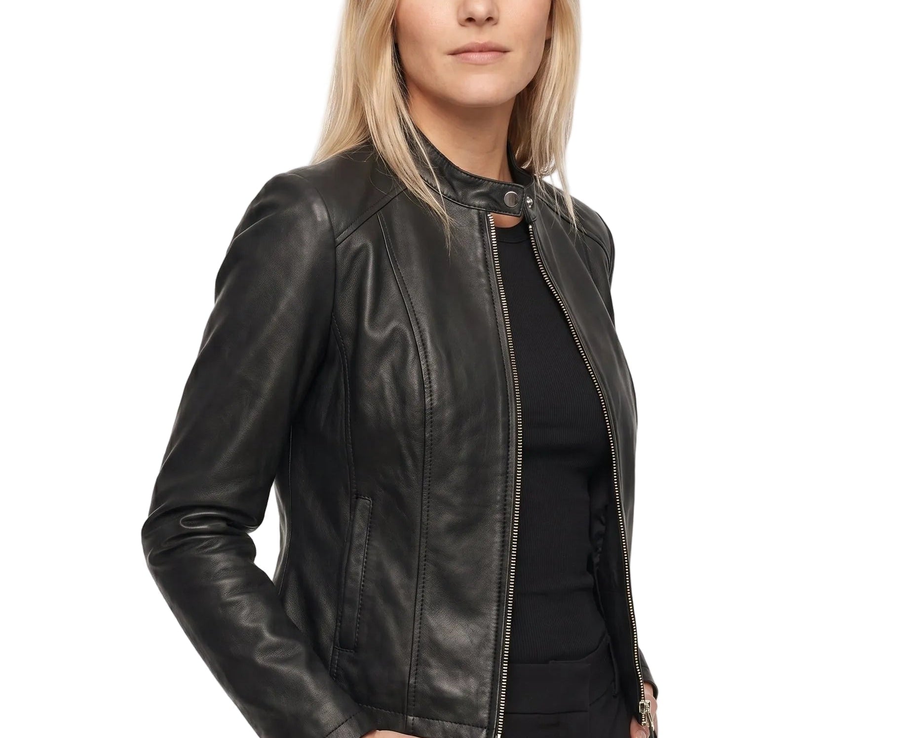 Jorun - Women's Fitted Leather Jacket with Ribbed Trims - Black