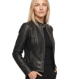 Jorun - Women's Fitted Leather Jacket with Ribbed Trims - Black