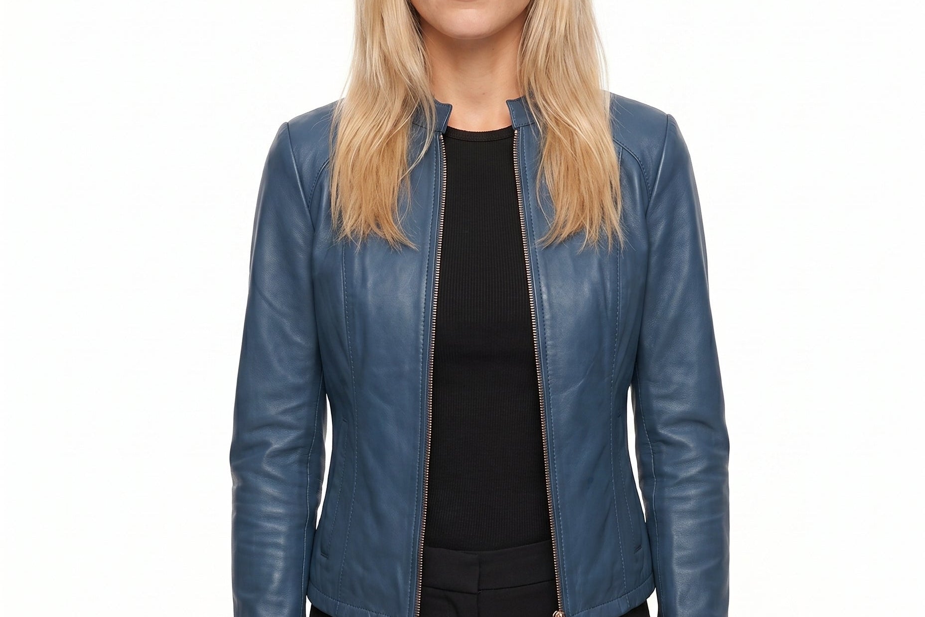 Jorun - Women's Fitted Leather Jacket with Ribbed Trims - Blue