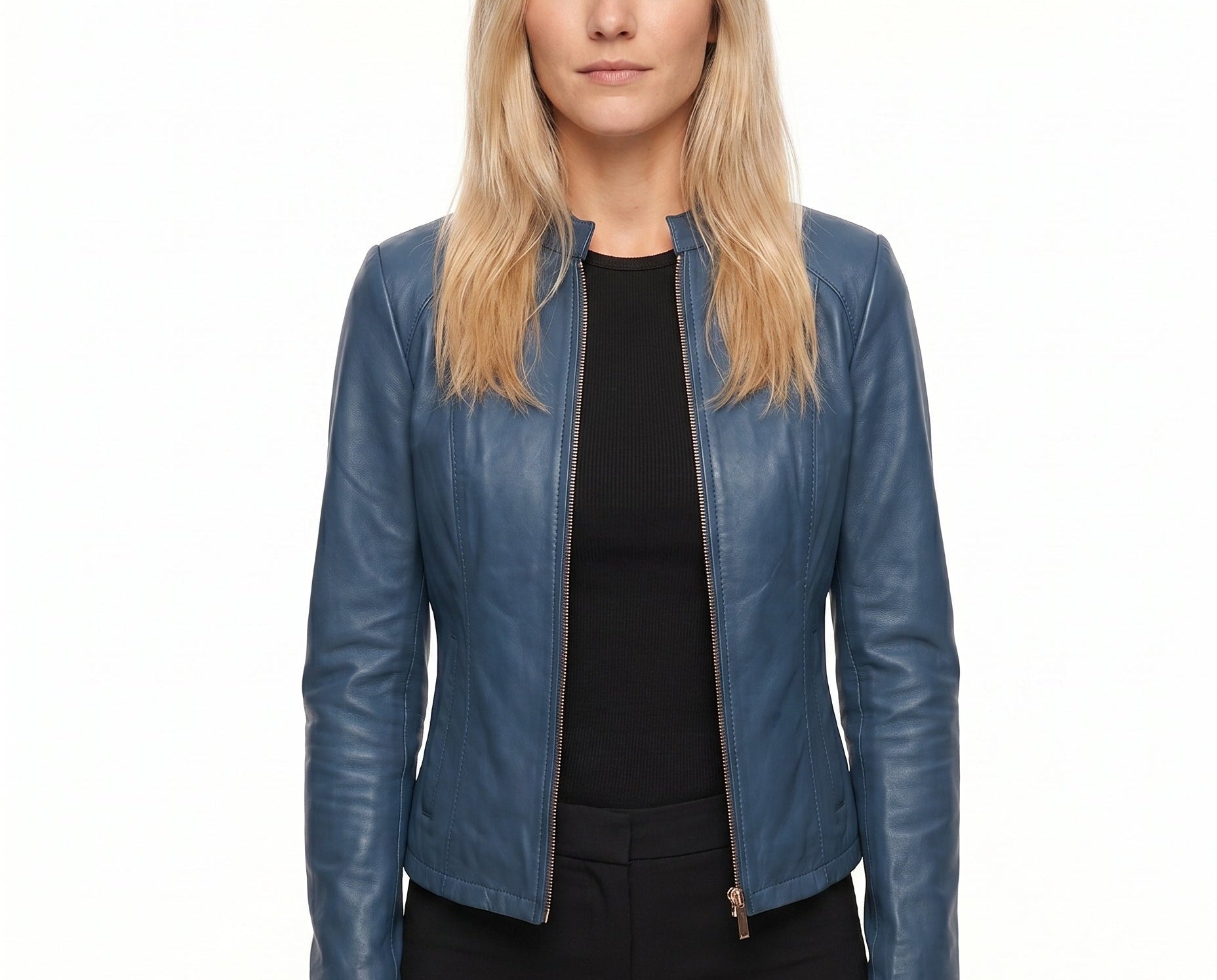 Jorun - Women's Fitted Leather Jacket with Ribbed Trims - Blue