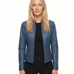 Jorun - Women's Fitted Leather Jacket with Ribbed Trims - Blue