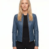 Jorun - Women's Fitted Leather Jacket with Ribbed Trims - Blue
