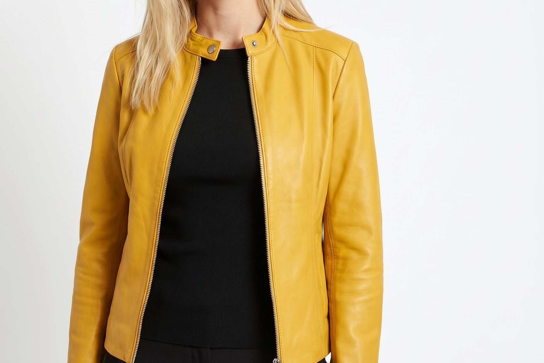 Jorun - Women's Fitted Leather Jacket with Ribbed Trims - Yellow