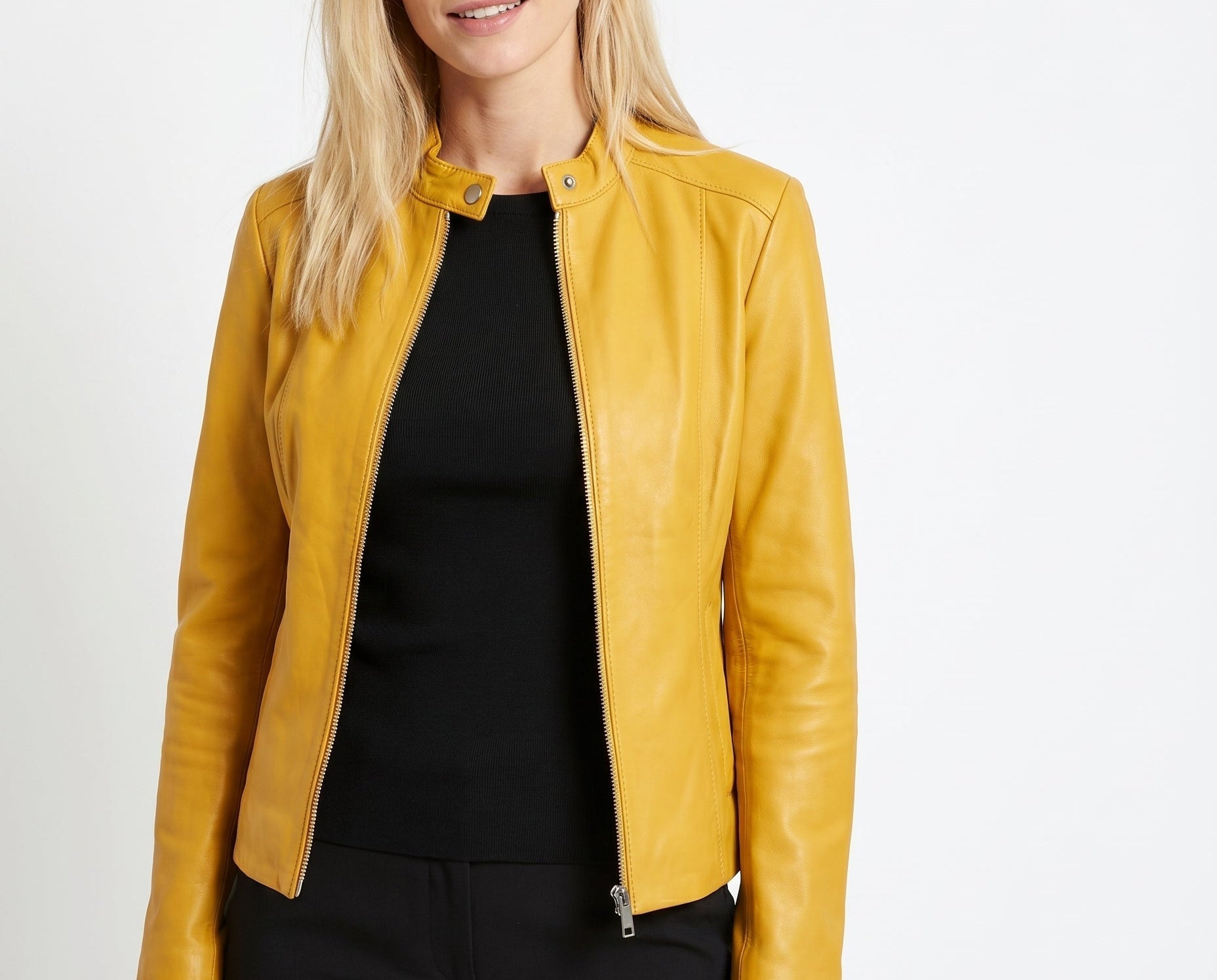 Jorun - Women's Fitted Leather Jacket with Ribbed Trims - Yellow
