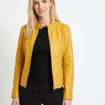 Jorun - Women's Fitted Leather Jacket with Ribbed Trims - Yellow