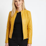 Jorun - Women's Fitted Leather Jacket with Ribbed Trims - Yellow