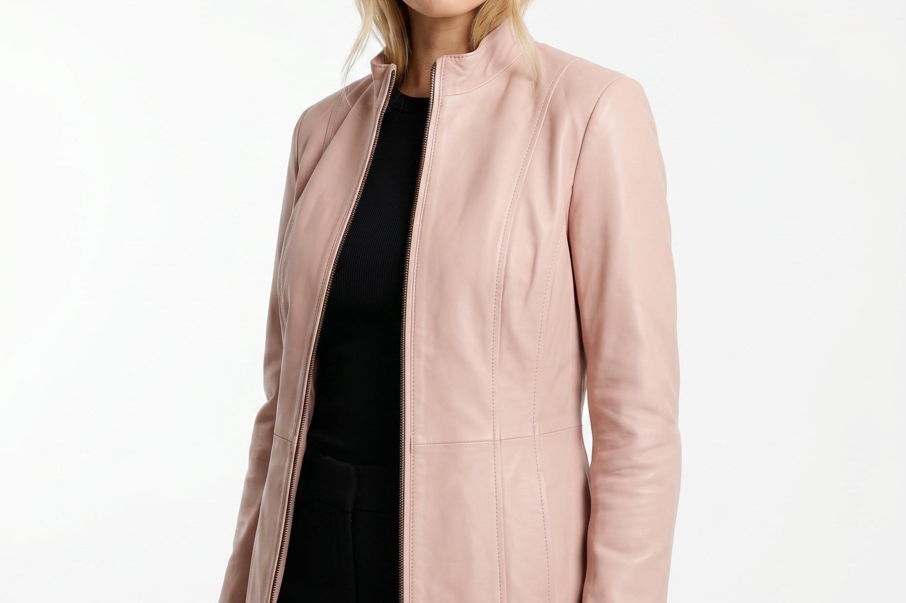 Jorun - Women's Fitted Leather Jacket with Ribbed Trims - Light Pink