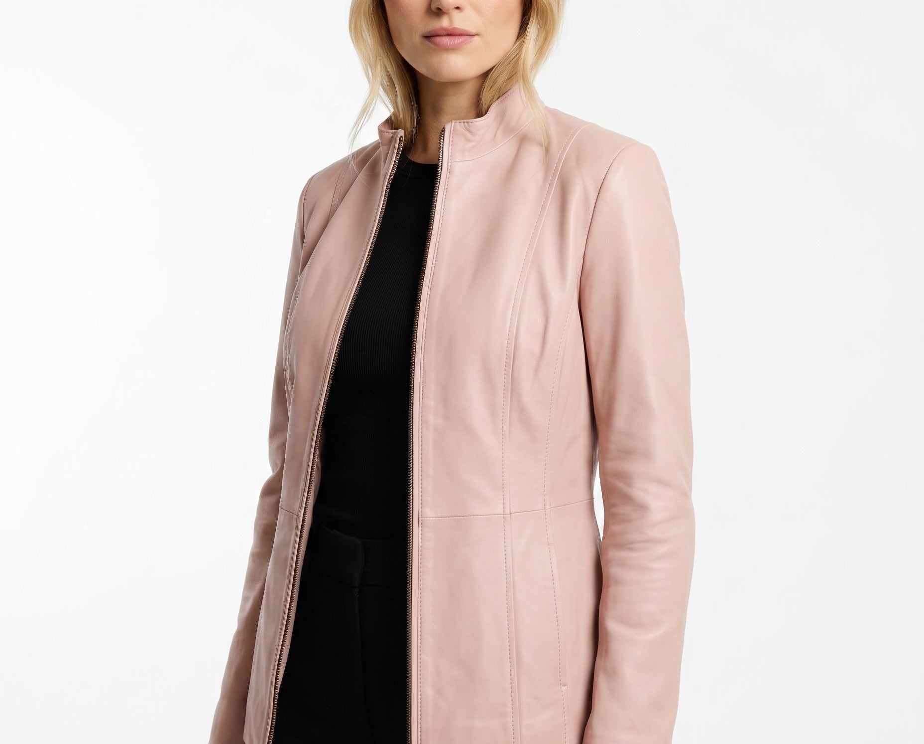 Jorun - Women's Fitted Leather Jacket with Ribbed Trims - Light Pink