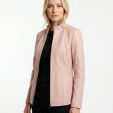 Jorun - Women's Fitted Leather Jacket with Ribbed Trims - Light Pink